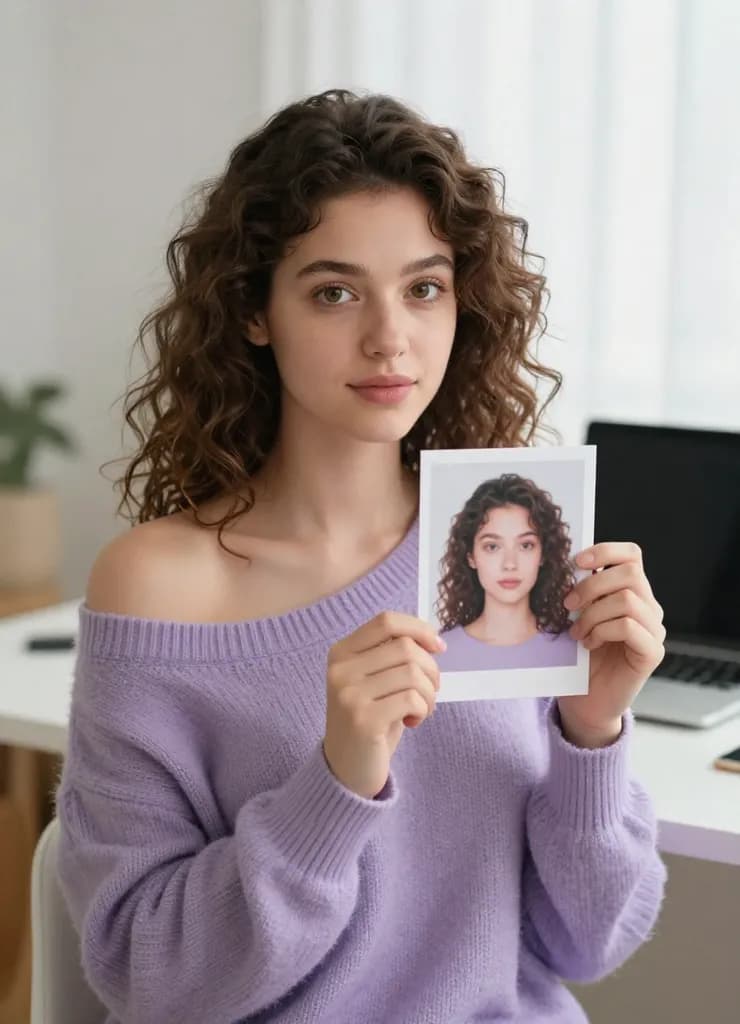 Woman holding a photo in a bright creative studio, representing the starting point for AI image transformation