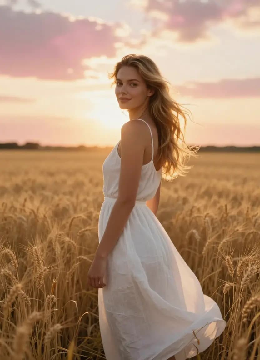 Woman captured in a breathtaking golden-hour wheat field photograph, showcasing the stunning image quality professional prompts produce