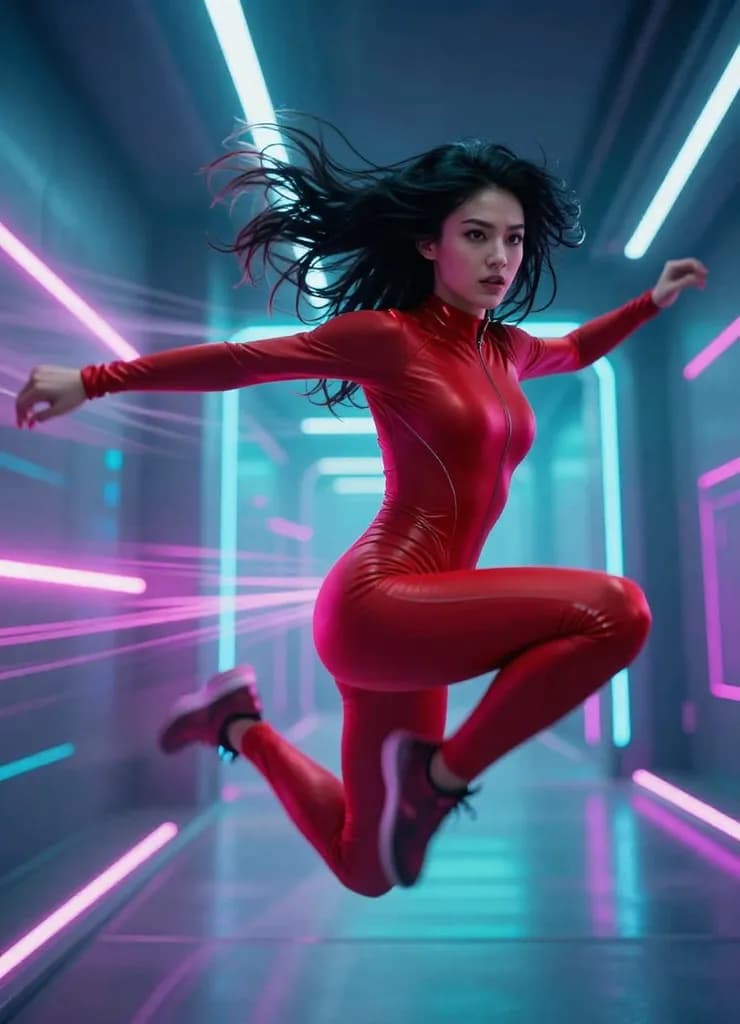 Woman in dynamic pose with speed lines and light trails, representing HappyHorse AI fast generation speed