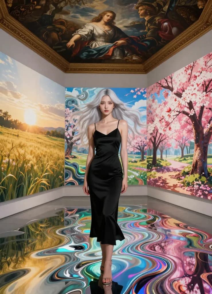 Woman in traditional Chinese dress surrounded by multiple art style panels, demonstrating HappyHorse AI versatility