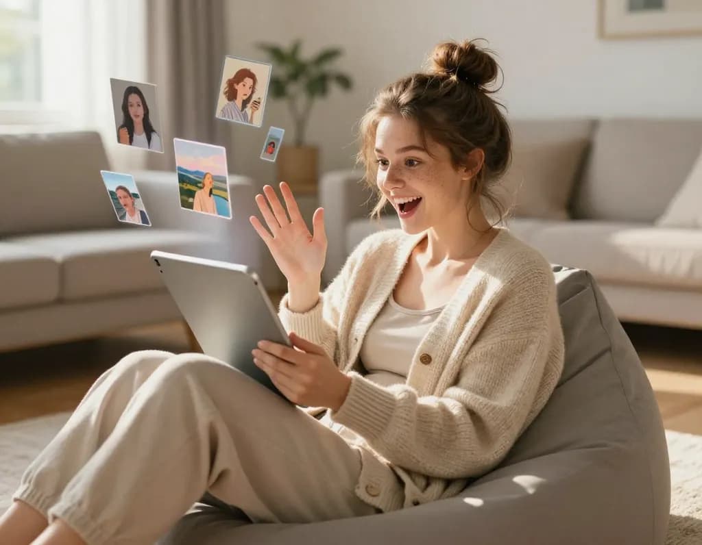 Woman casually using a tablet with AI-generated images floating around her, representing ease of use